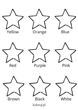 kolorowanka z szablonami gwiazdek i angielskimi nazwami kolorów