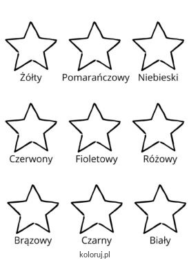 kolorowanka z szablonami gwiazdek i polskimi nazwami kolorów