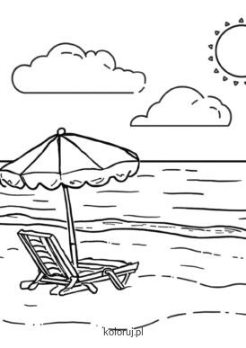 kolorowanka leżak z parasolką na plaży przy morzu