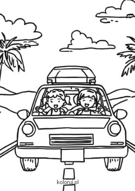 kolorowanka podróżujące osoby autem pośród palm