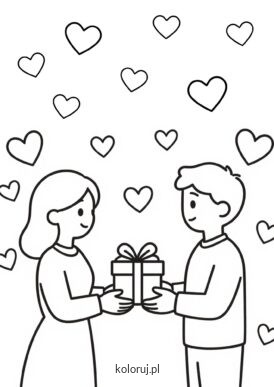 kolorowanka para z prezentem i sercami nad nimi