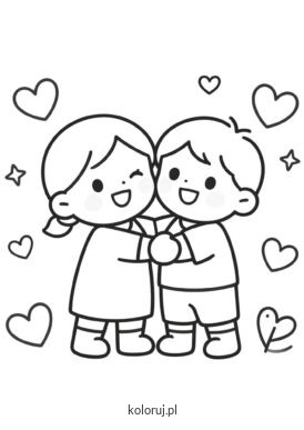 kolorowanka przytulające się dzieci z serduszkami dookoła
